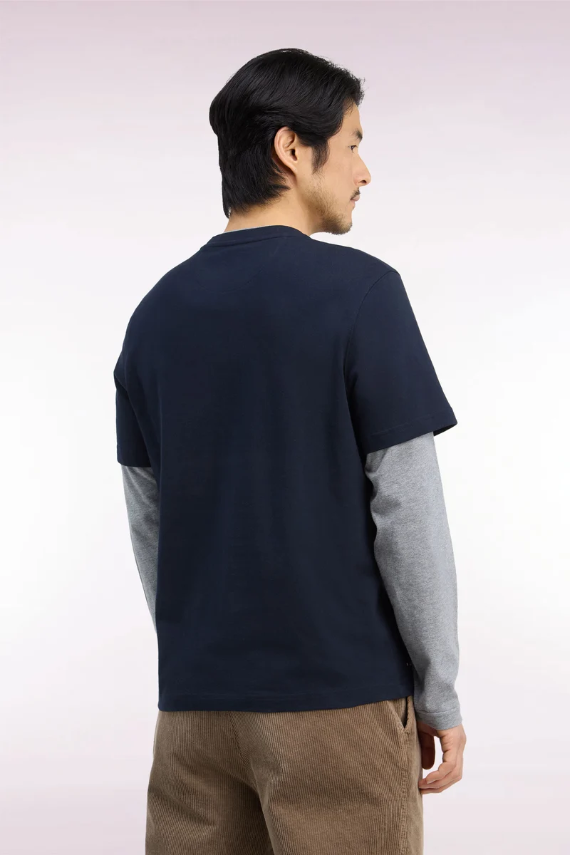 T-shirt manches longues effet superposition en coton peigné marine coupe droite