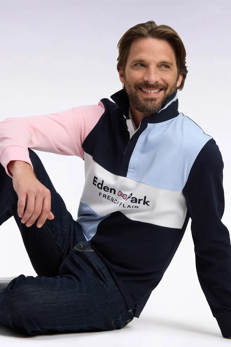 Maillot manches longues coupé cousu en jersey de coton marine brodé