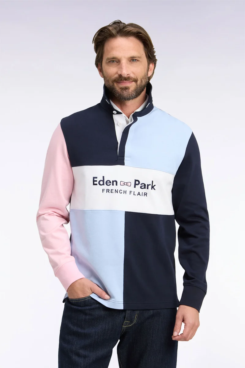 Maillot manches longues coupé cousu en jersey de coton marine brodé