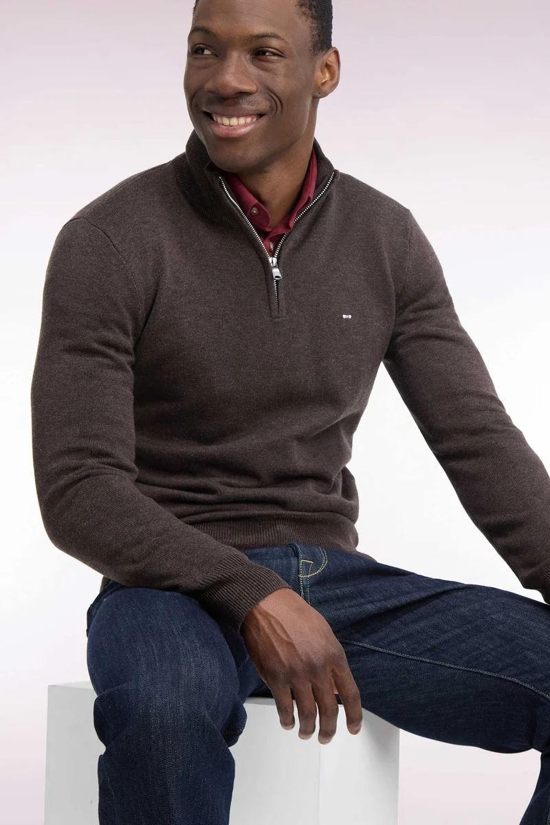 Pull col camionneur en laine et coton marron coupe droite