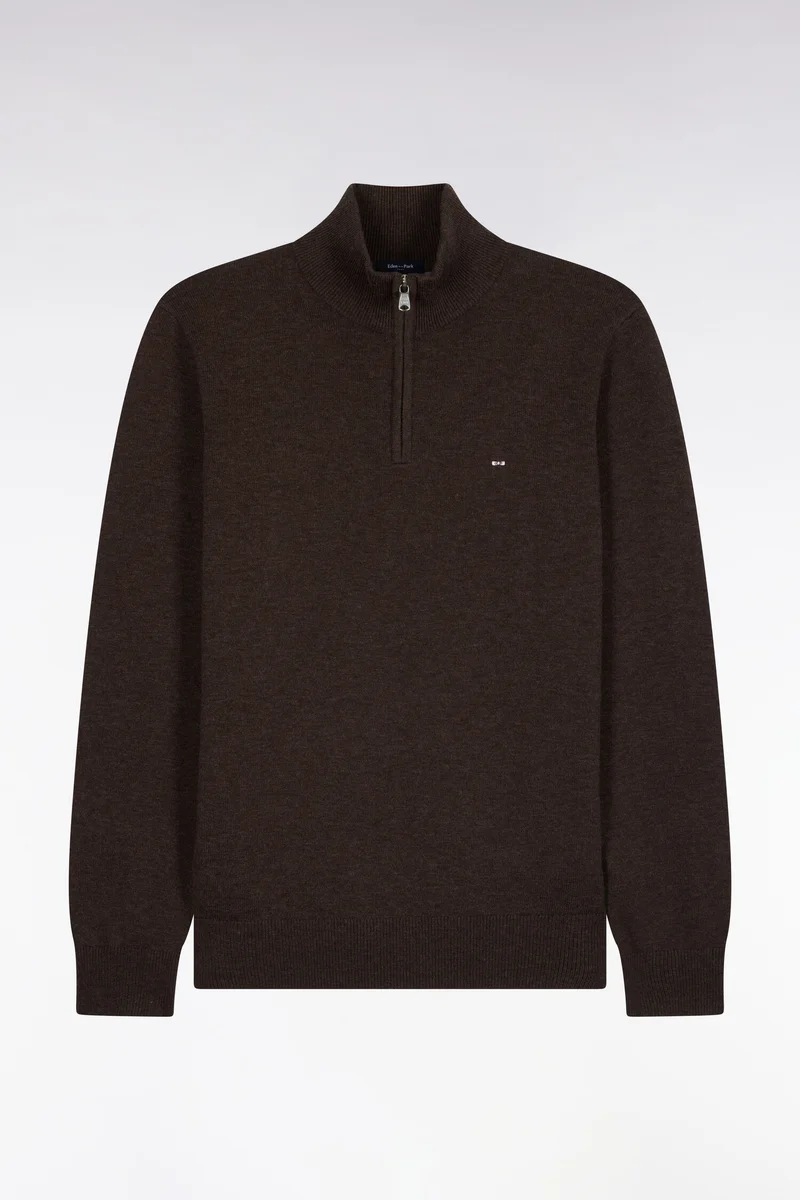 Pull col camionneur en laine et coton marron coupe droite