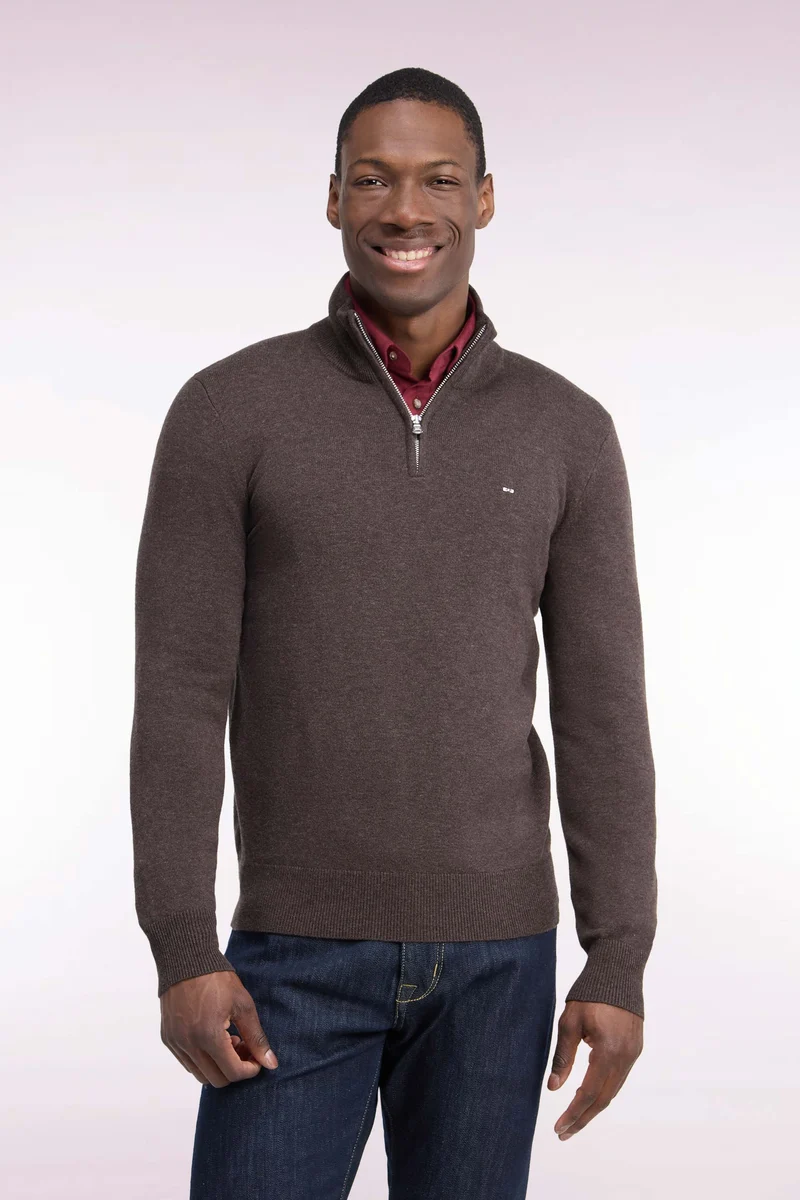 Pull col camionneur en laine et coton marron coupe droite