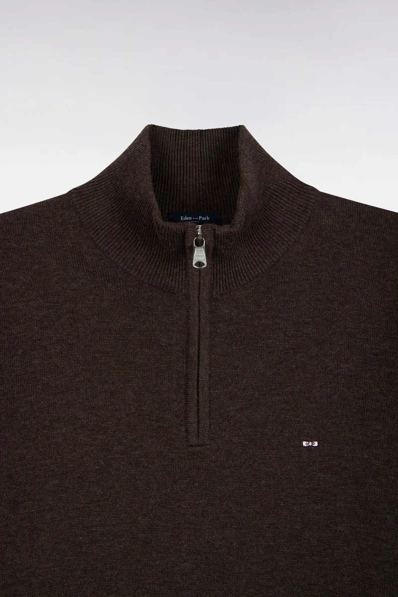 Pull col camionneur en laine et coton marron coupe droite