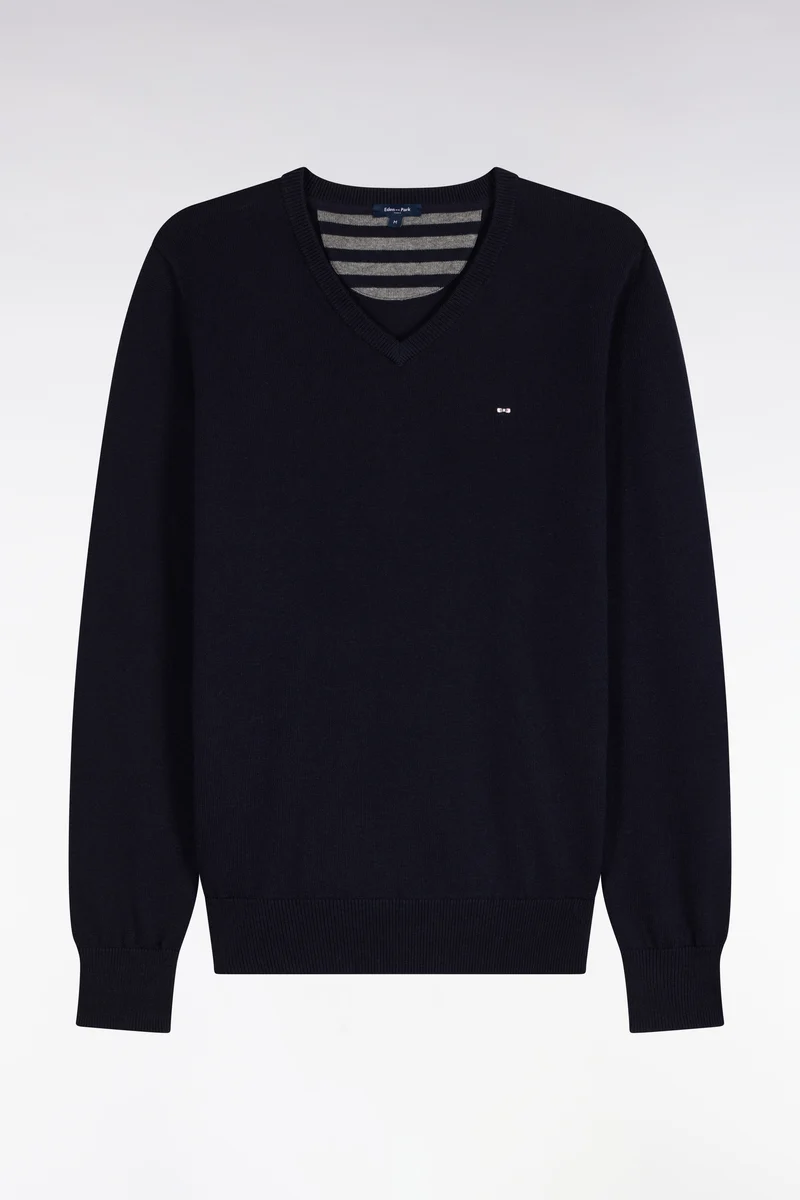 Pull col V en laine et coton marine coupe droite
