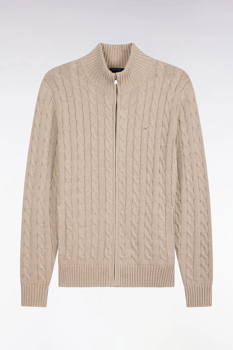 Cardigan à torsades zippé en coton beige coupe droite