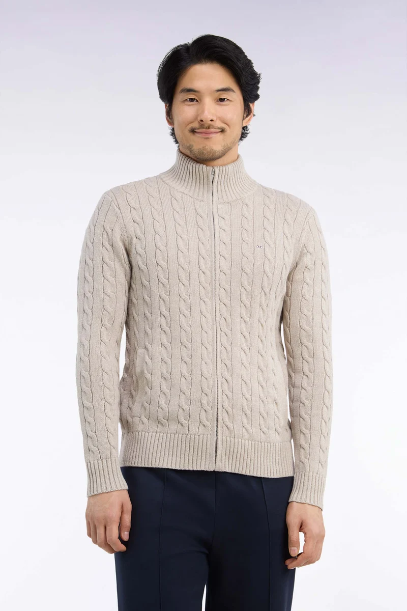 Cardigan à torsades zippé en coton beige coupe droite