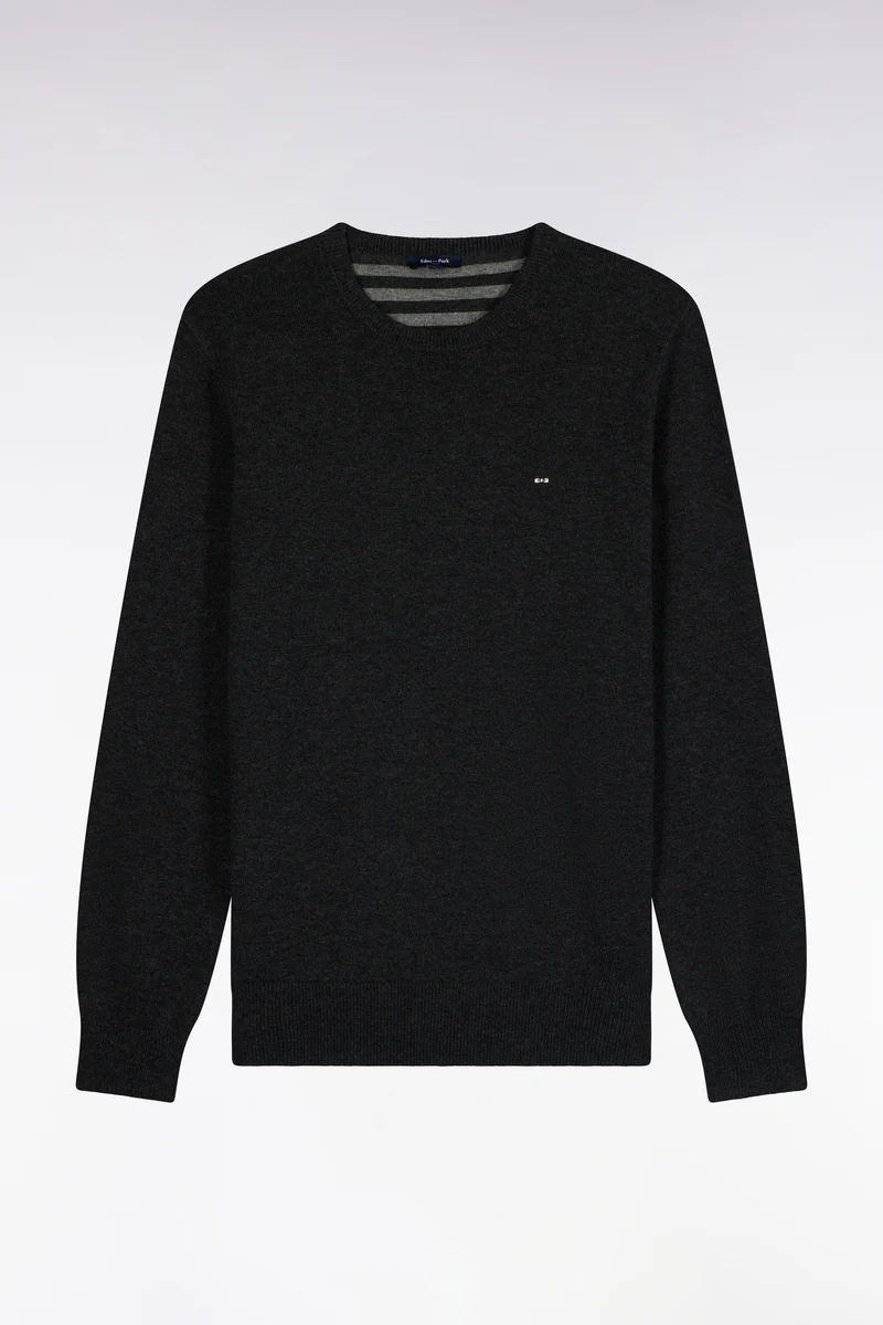 Pull col rond en laine et coton gris anthracite coupe droite