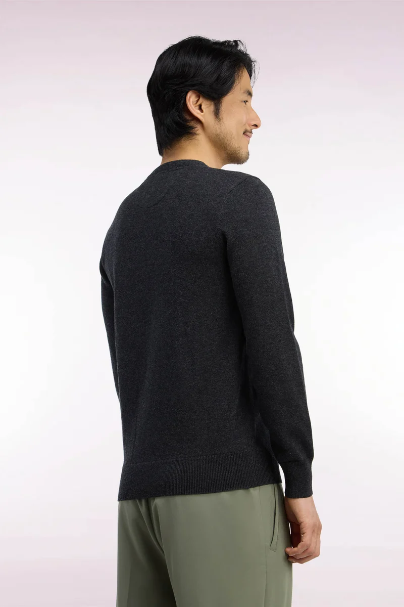 Pull col rond en laine et coton gris anthracite coupe droite