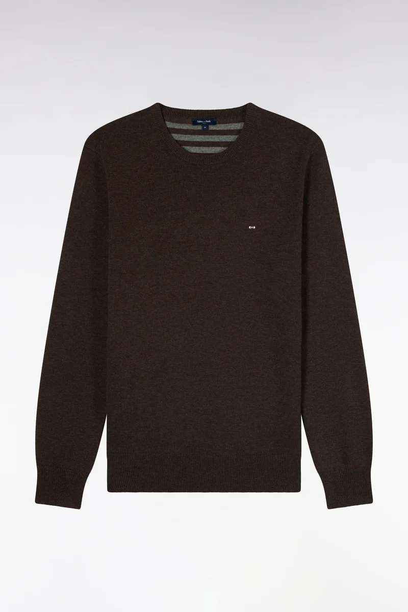 Pull col rond en laine et coton marron coupe droite