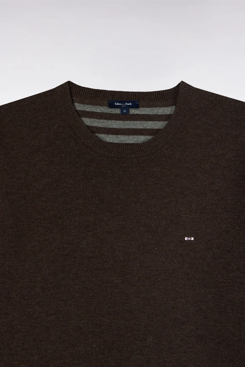 Pull col rond en laine et coton marron coupe droite