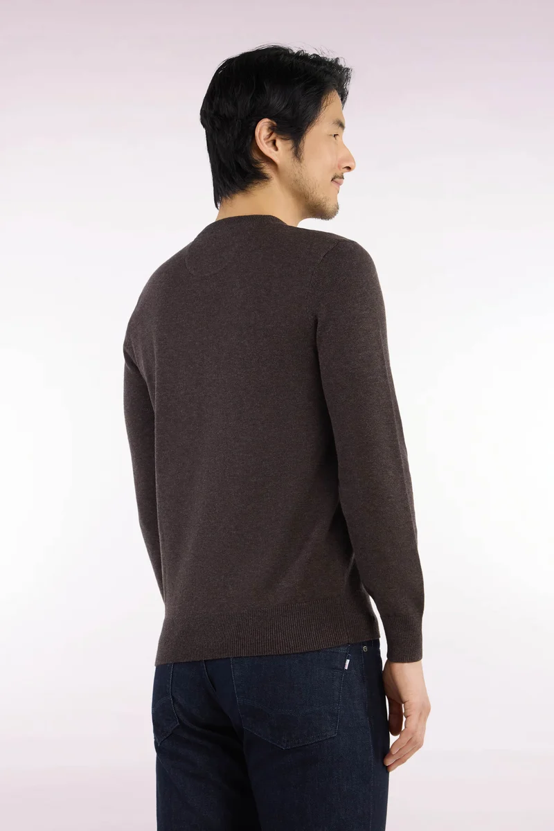 Pull col rond en laine et coton marron coupe droite