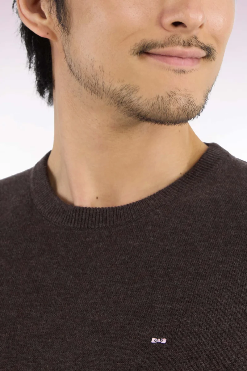 Pull col rond en laine et coton marron coupe droite