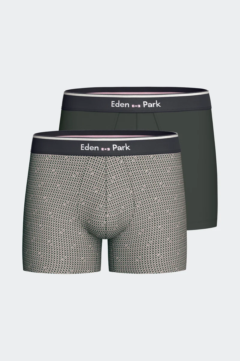 Lot de 2 boxers en jersey de coton stretch unis et imprimés kaki et gris