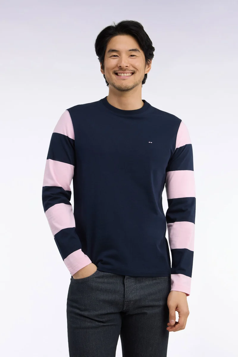 T-shirt manches longues en coton marine à manches rayées coupe droite