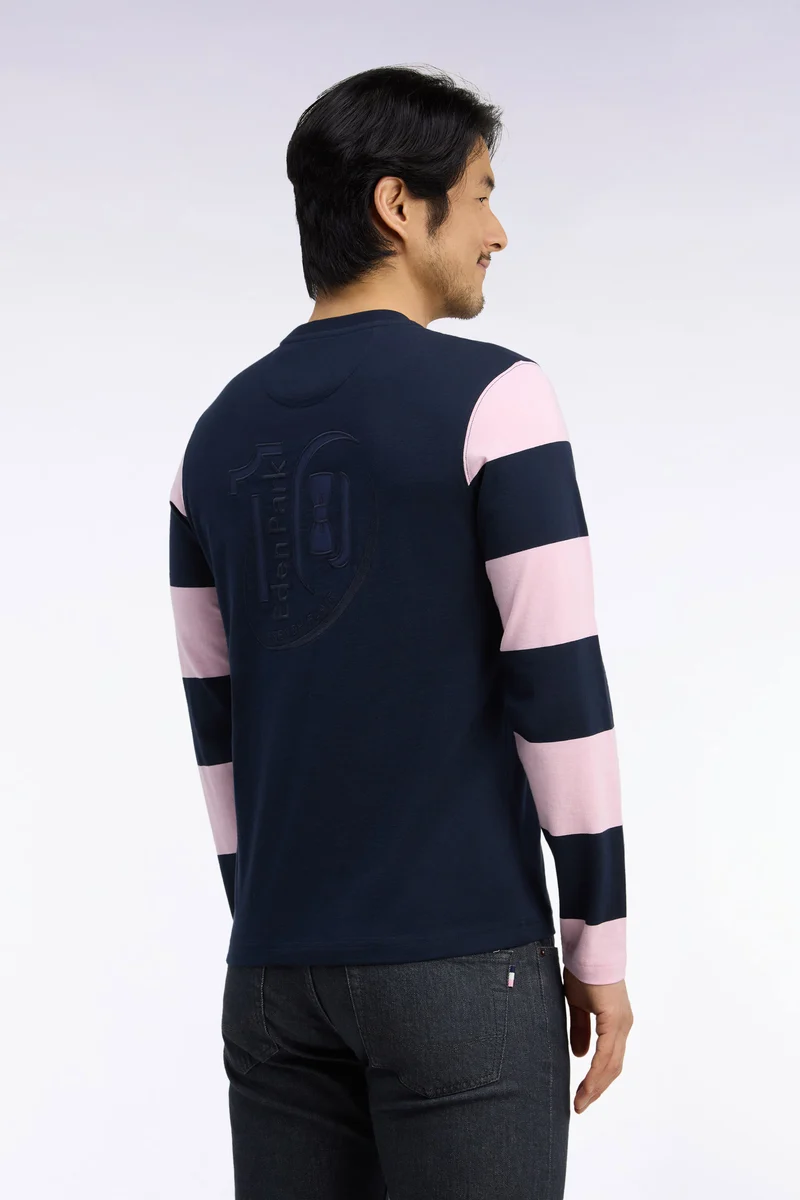 T-shirt manches longues en coton marine à manches rayées coupe droite