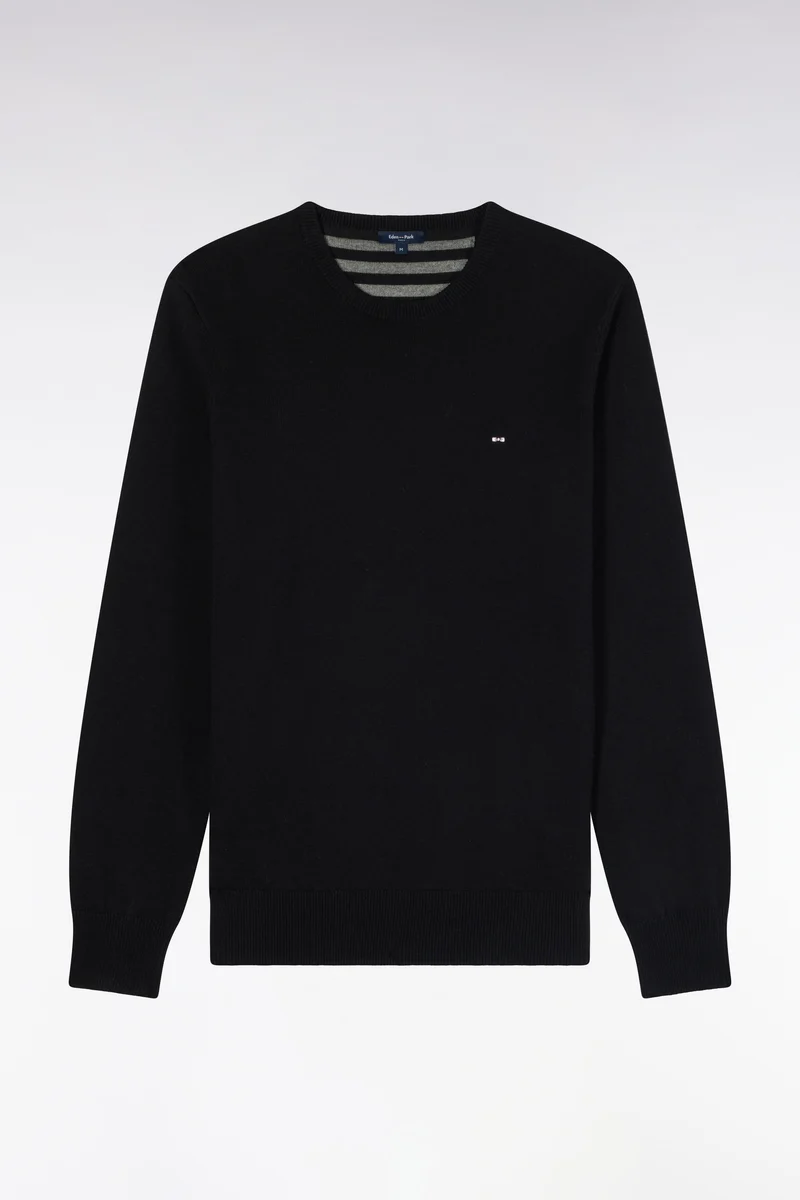 Pull col rond en laine et coton noir coupe droite