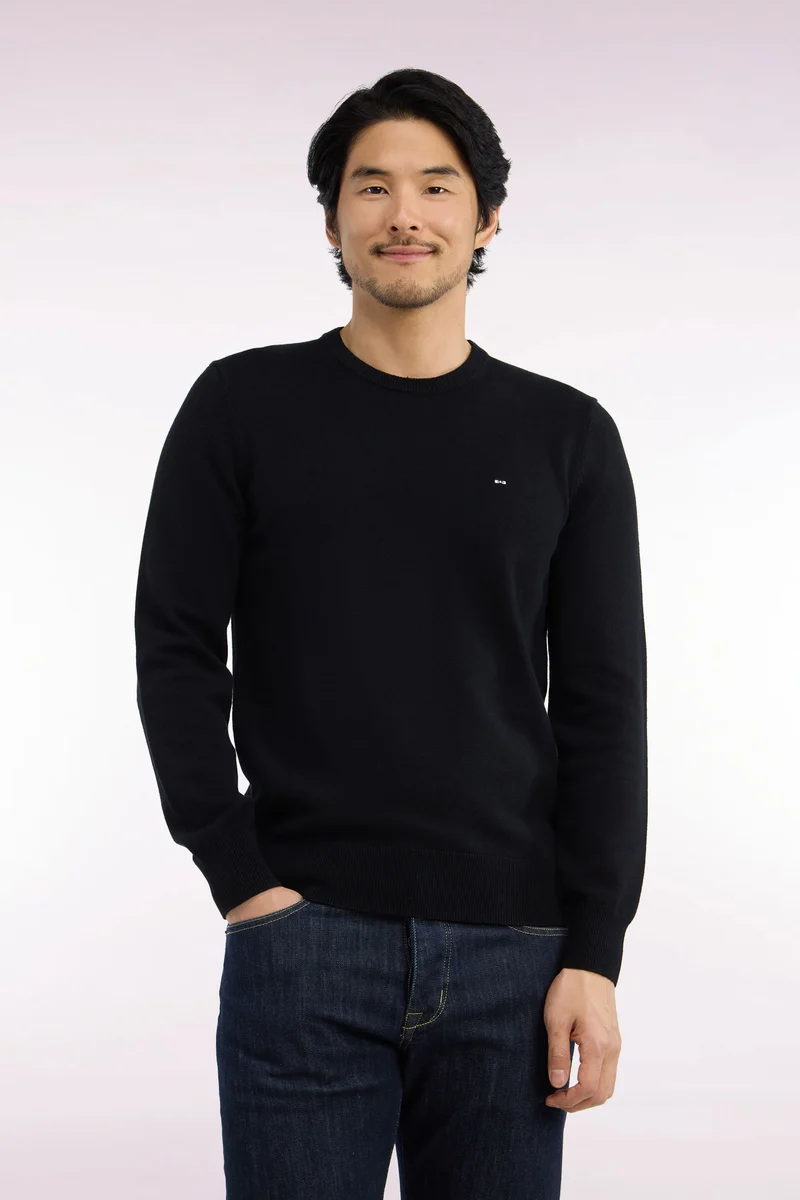 Pull col rond en laine et coton noir coupe droite