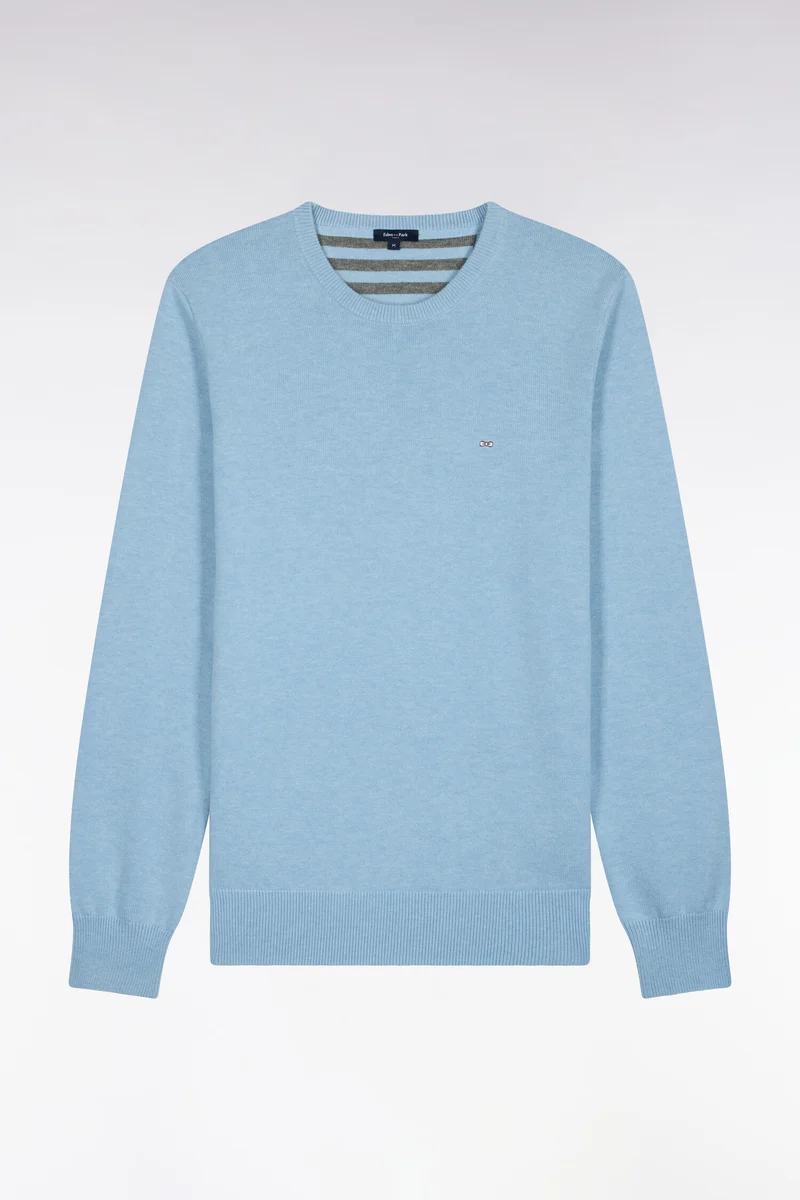 Pull col rond en laine et coton ciel coupe droite