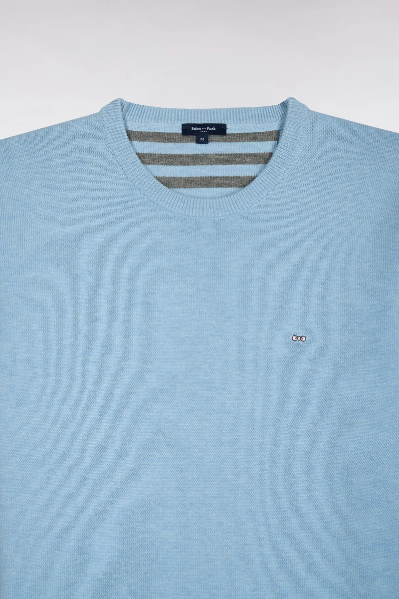 Pull col rond en laine et coton ciel coupe droite