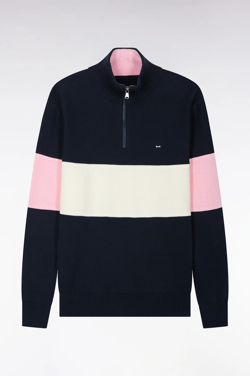 Pull à col camionneur zippé en coton marine à découpe tricolore coupe droite