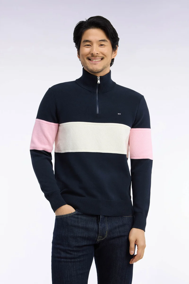 Pull à col camionneur zippé en coton marine à découpe tricolore coupe droite