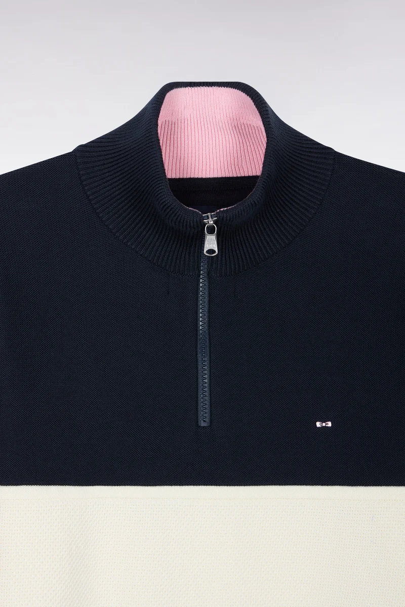 Pull à col camionneur zippé en coton marine à découpe tricolore coupe droite