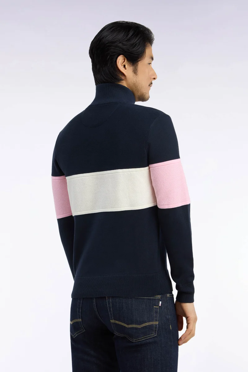 Pull à col camionneur zippé en coton marine à découpe tricolore coupe droite