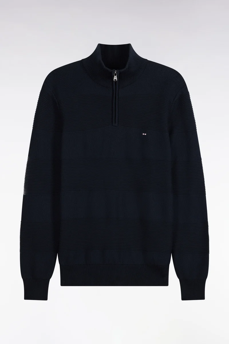 Pull à col camionneur zippé en maille marine à effets de rayures coupe regular