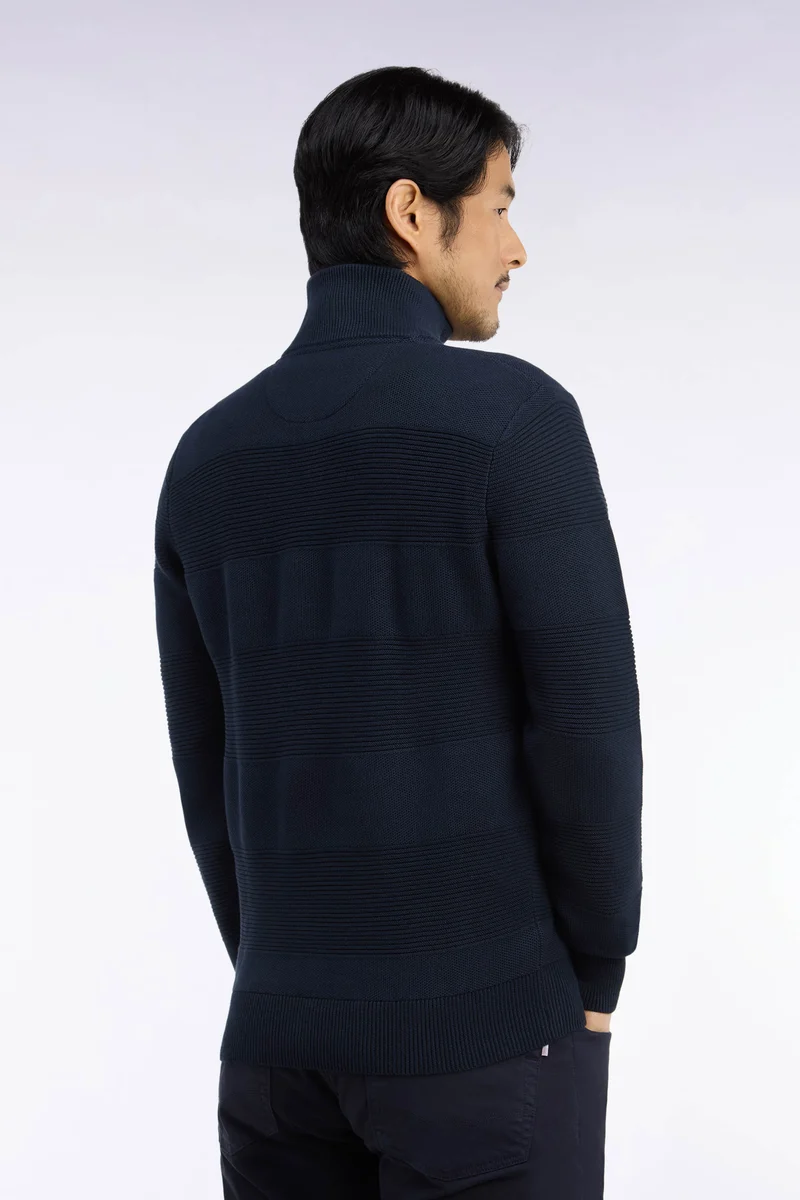 Pull à col camionneur zippé en maille marine à effets de rayures coupe regular