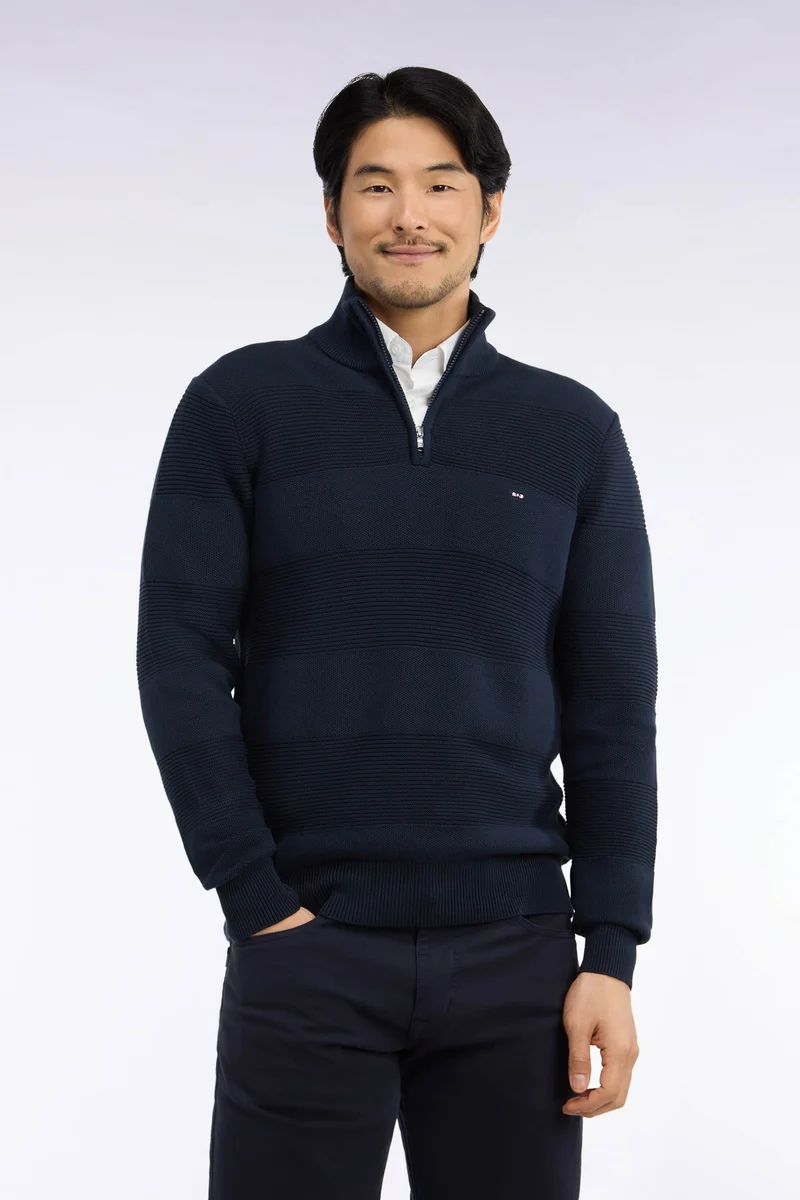 Pull à col camionneur zippé en maille marine à effets de rayures coupe regular