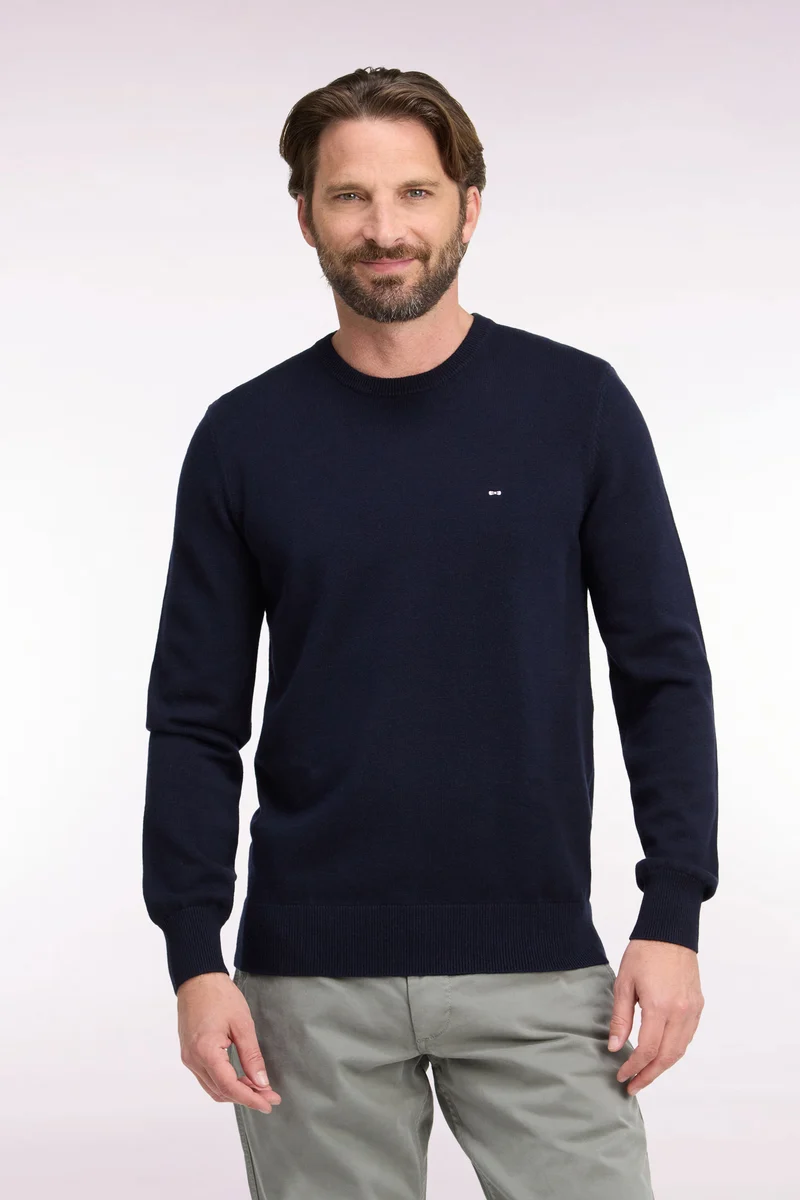 Pull col rond en laine et coton marine coupe droite