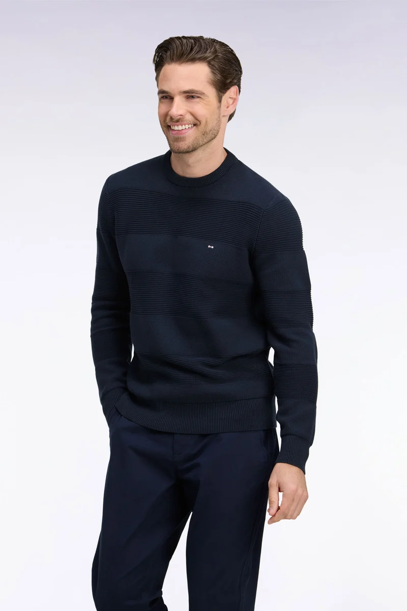 Pull à col rond en maille marine à effet de rayures coupe regular