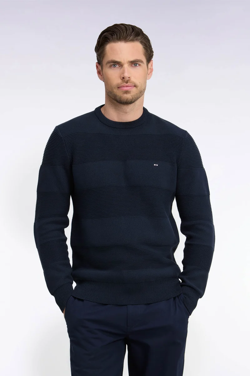 Pull à col rond en maille marine à effet de rayures coupe regular