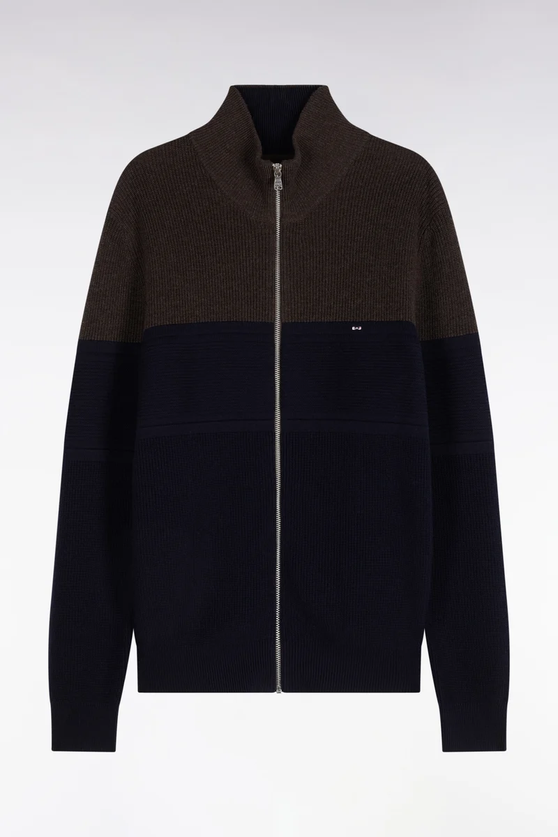 Cardigan zippé bicolore en laine mérinos marine et marron coupe droite