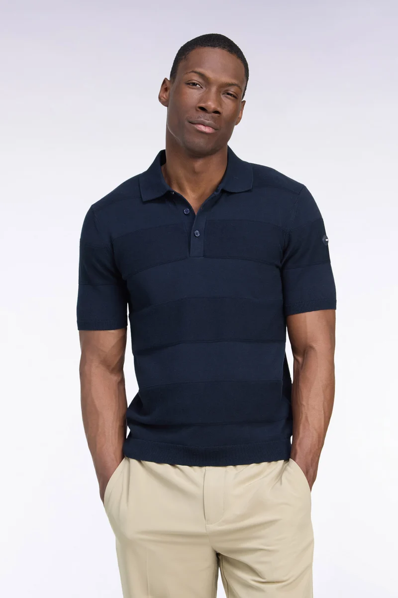 Pull manches courtes golf à col polo en coton et viscose marine coupe droite