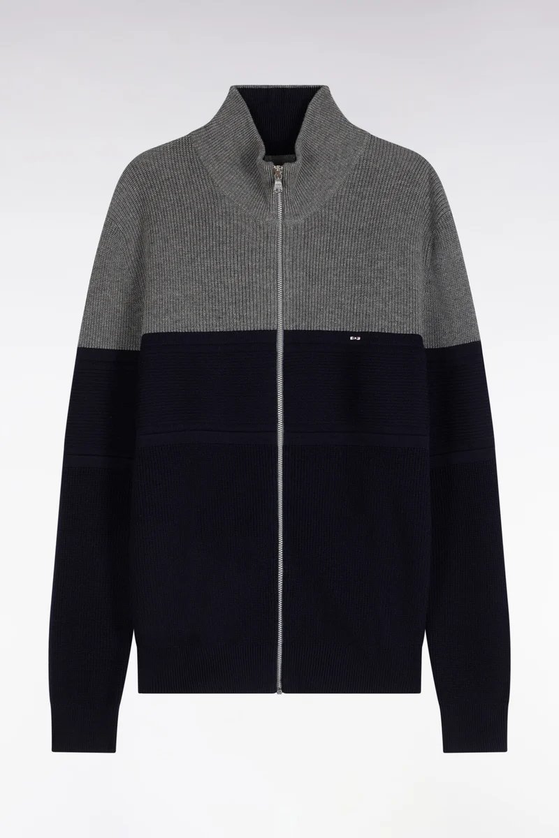 Cardigan zippé bicolore en laine mérinos marine et gris coupe droite