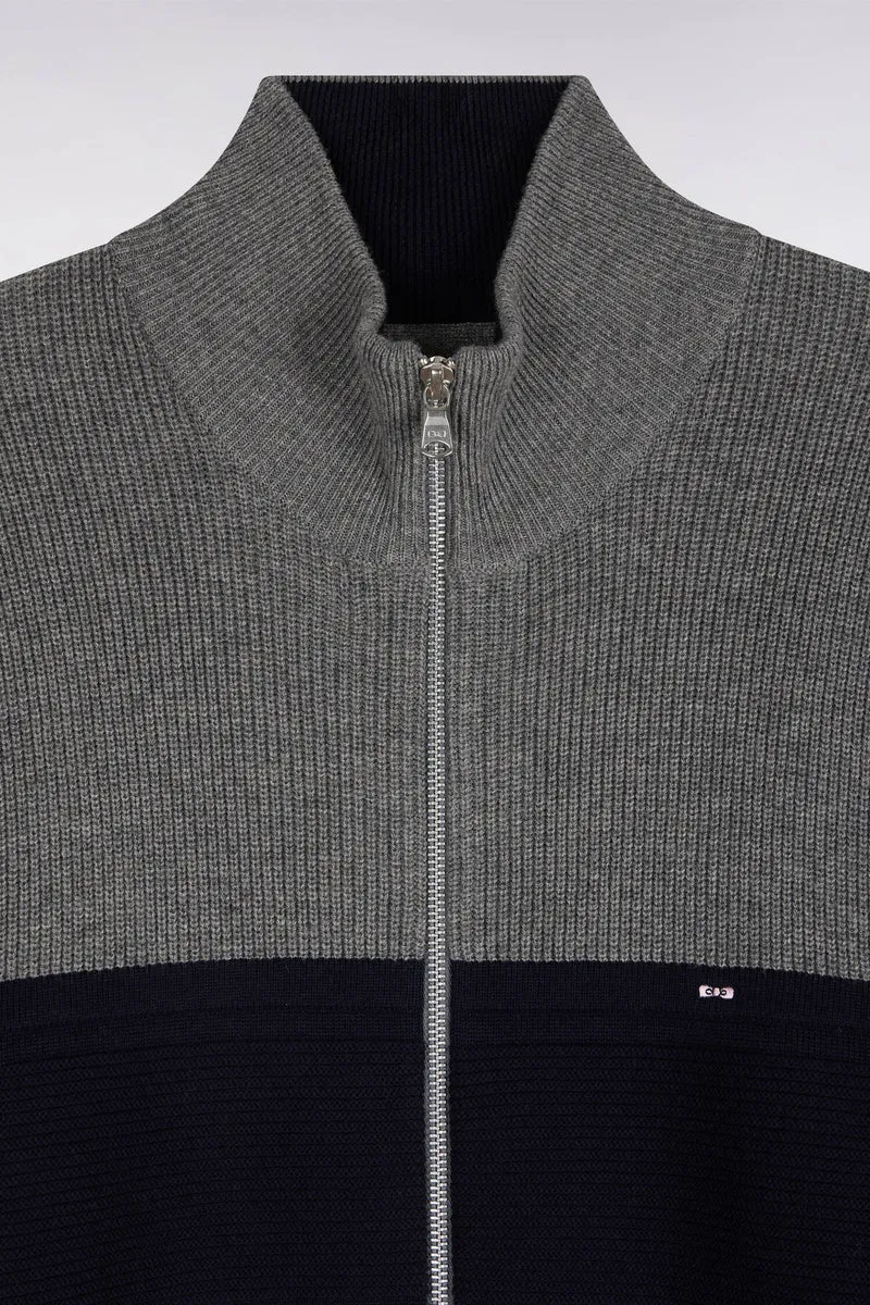 Cardigan zippé bicolore en laine mérinos marine et gris coupe droite