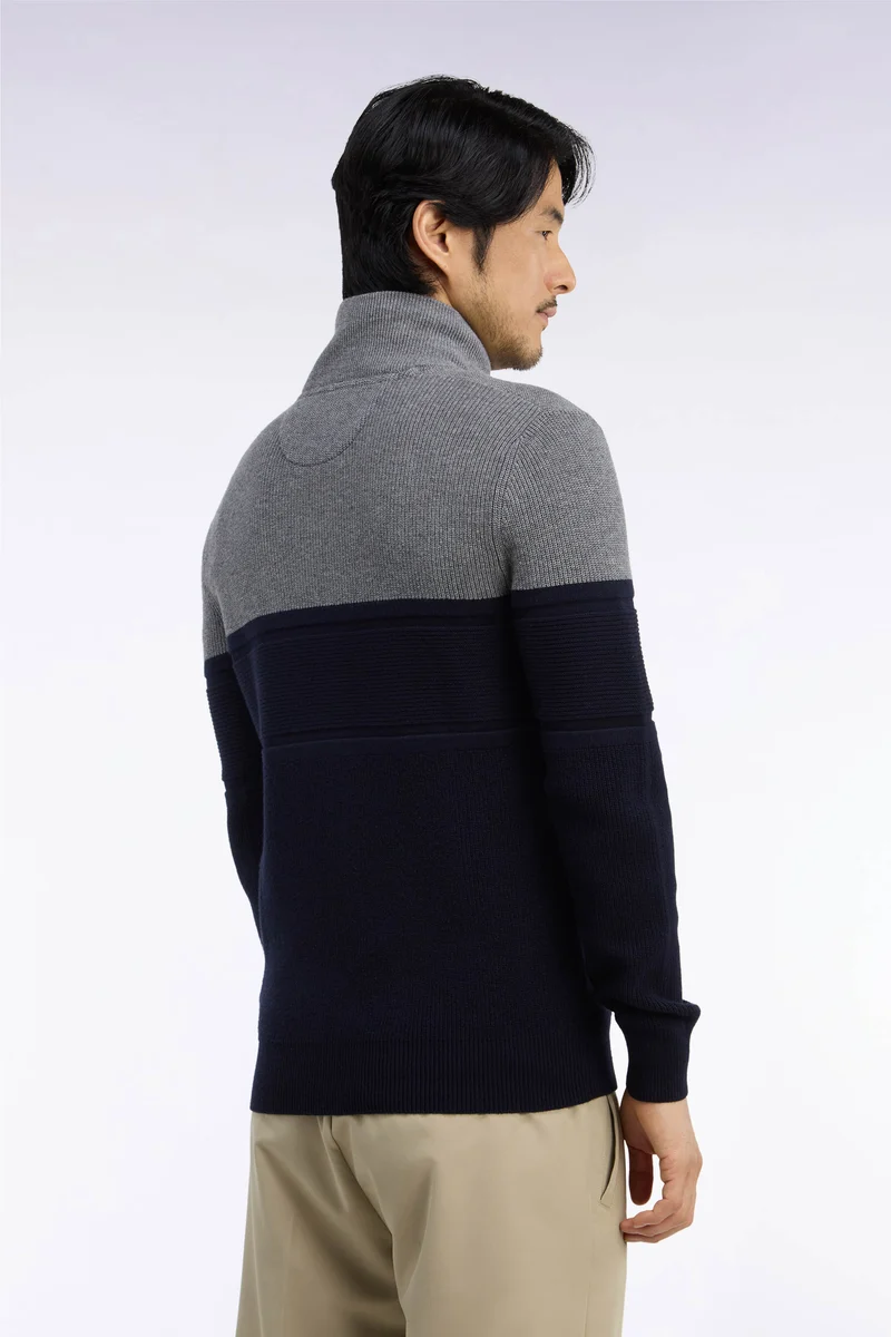 Cardigan zippé bicolore en laine mérinos marine et gris coupe droite