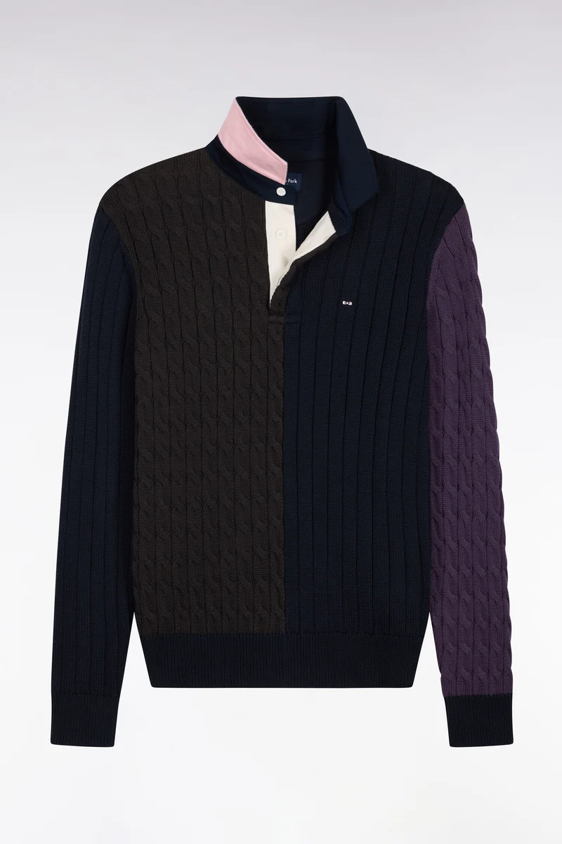 Pull à torsades en coton tricolore coupe droite