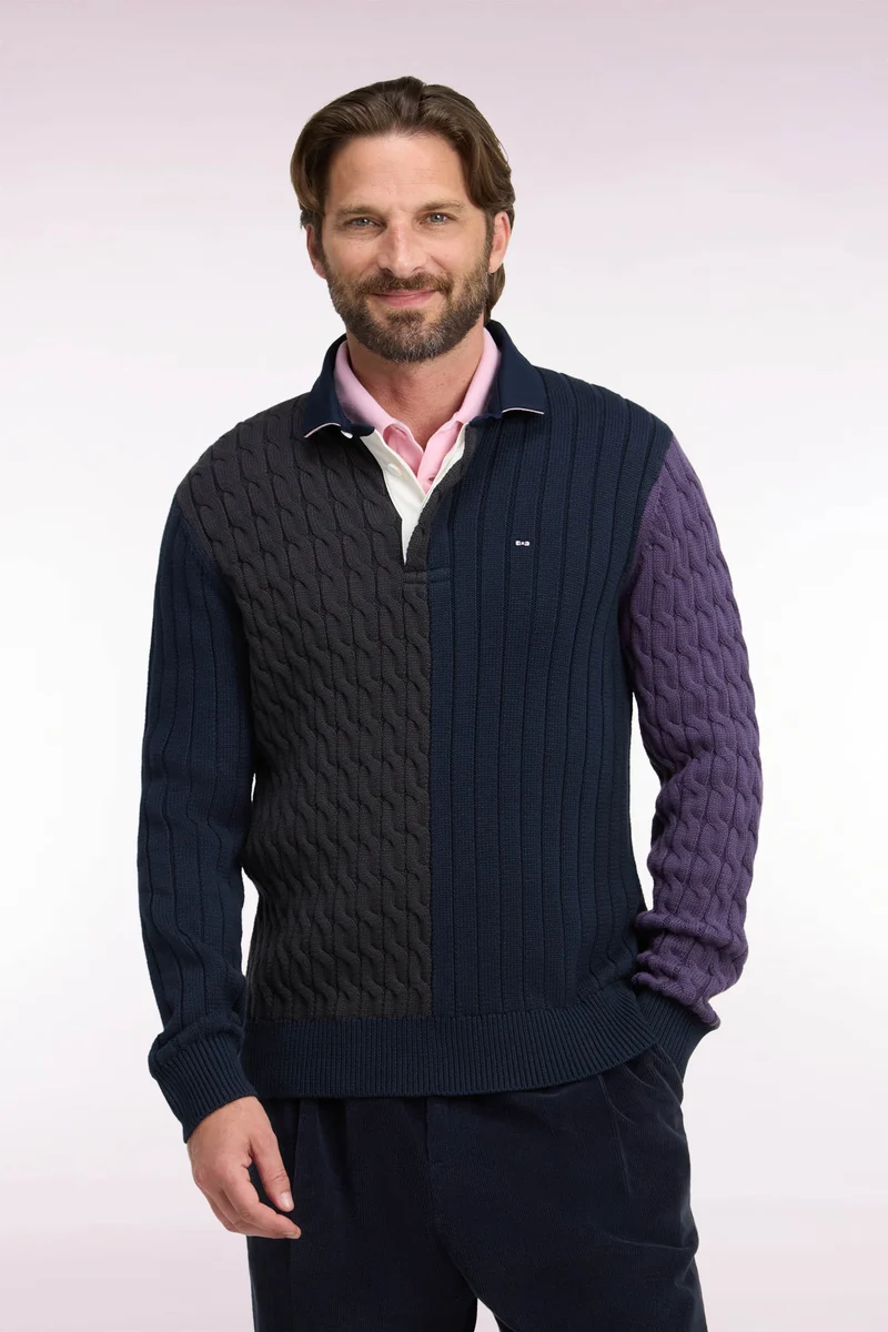 Pull à torsades en coton tricolore coupe droite