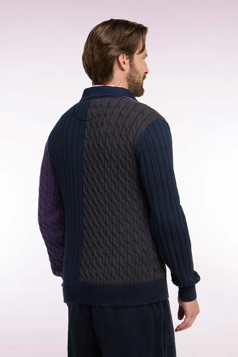 Pull à torsades en coton tricolore coupe droite