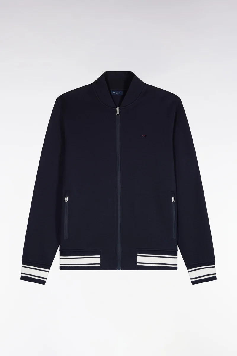 Sweatshirt zippé en interlock marine à bords-côtes Teddy coupe droite