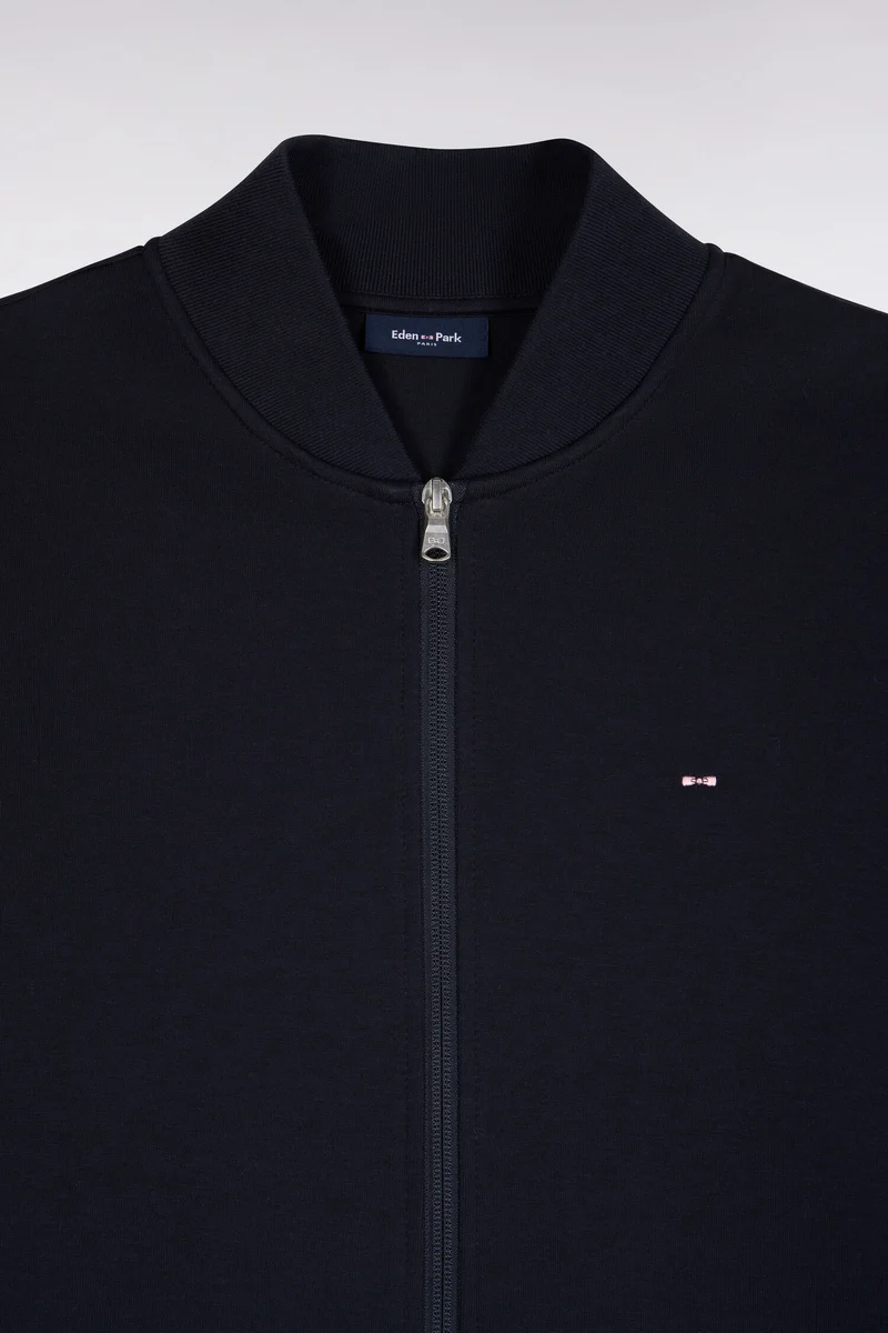 Sweatshirt zippé en interlock marine à bords-côtes Teddy coupe droite