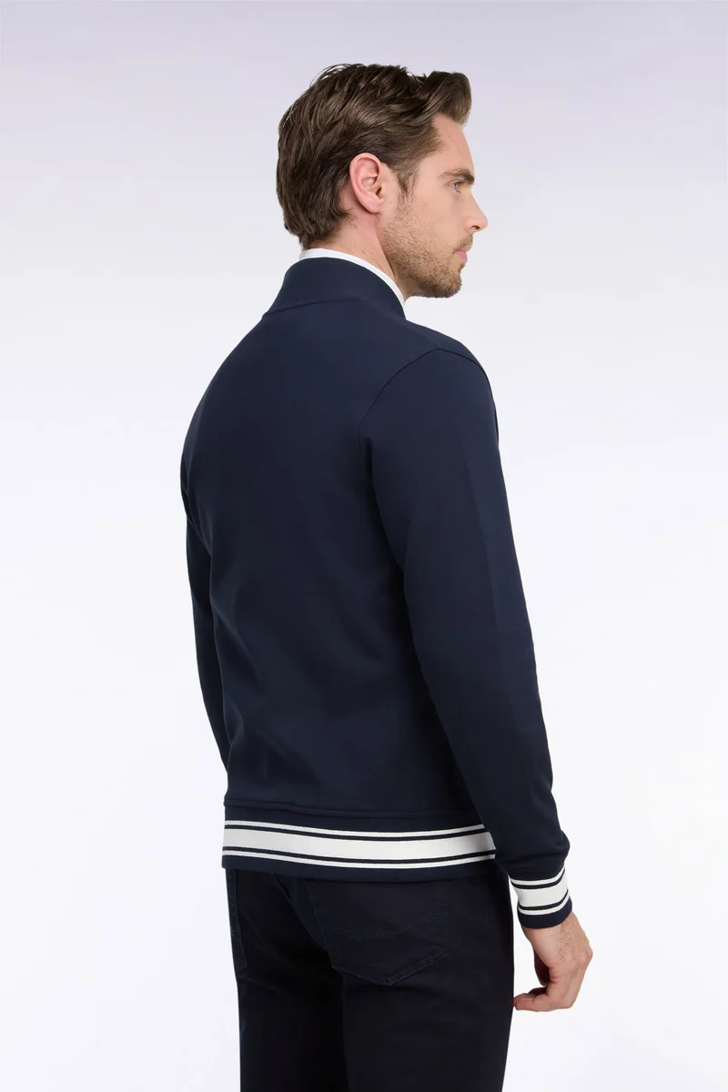 Sweatshirt zippé en interlock marine à bords-côtes Teddy coupe droite
