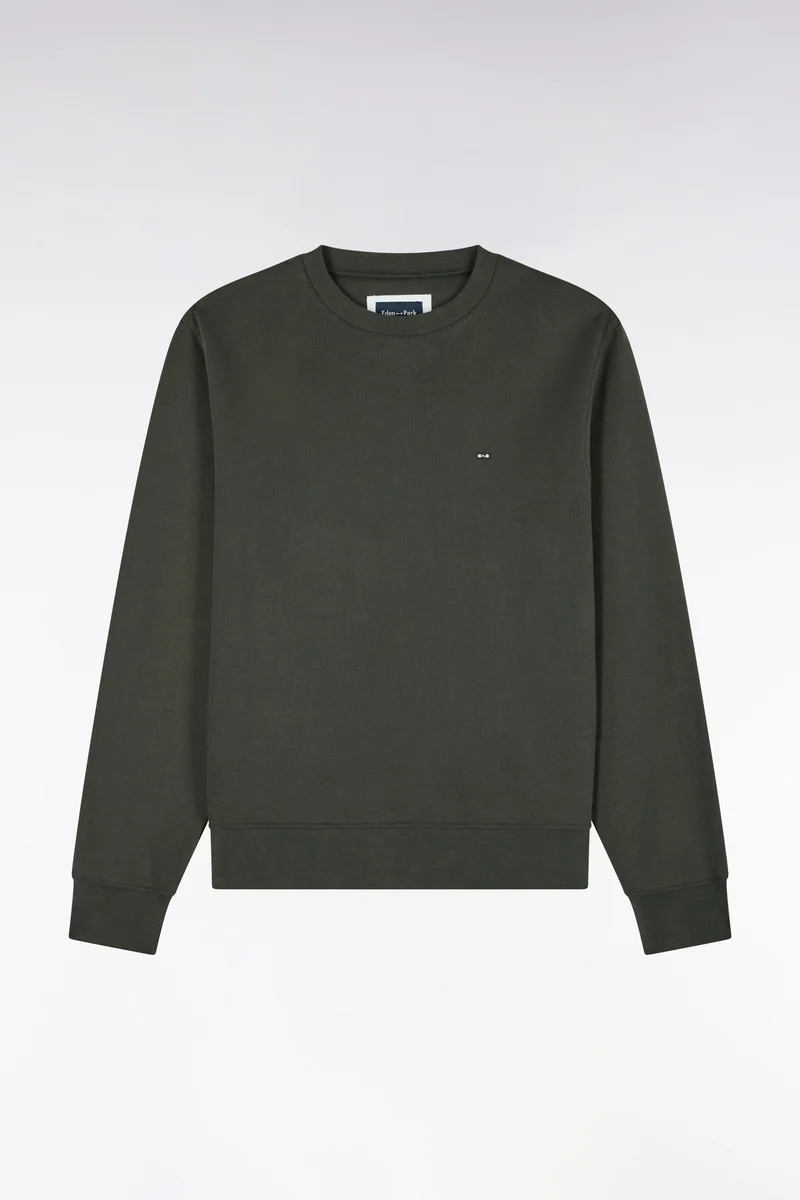 Sweatshirt à col rond en molleton coton kaki coupe droite