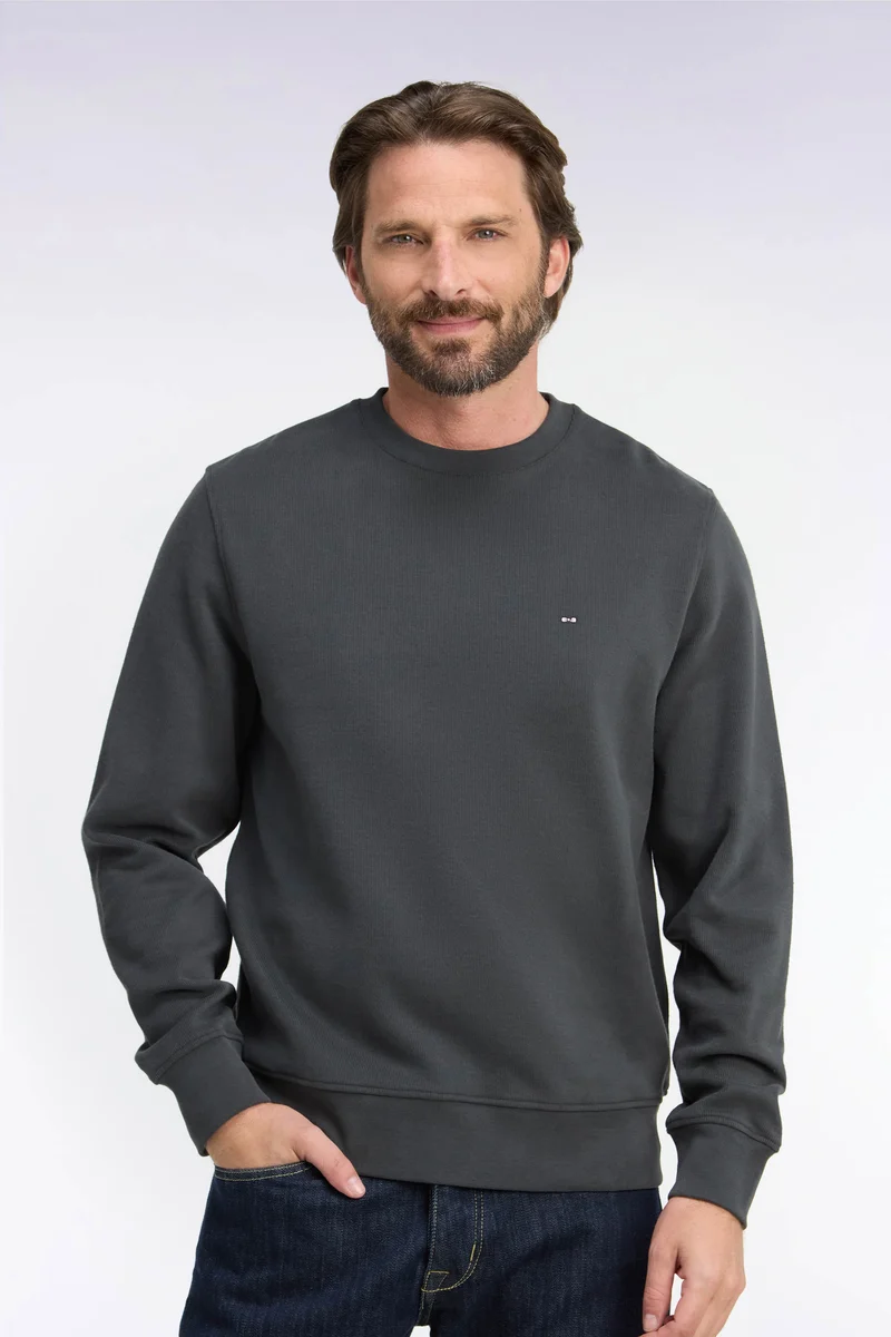 Sweatshirt à col rond en molleton coton kaki coupe droite