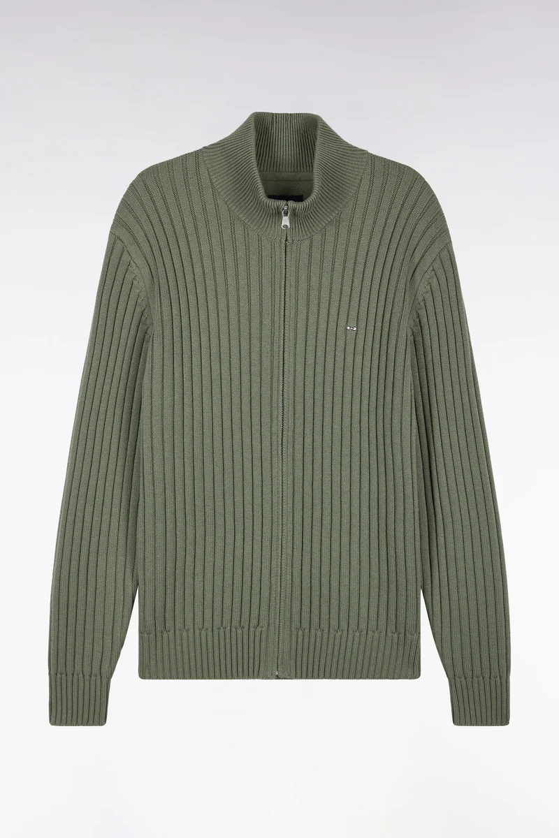 Cardigan zippé à col camionneur en laine et coton kaki côtelé coupe droite