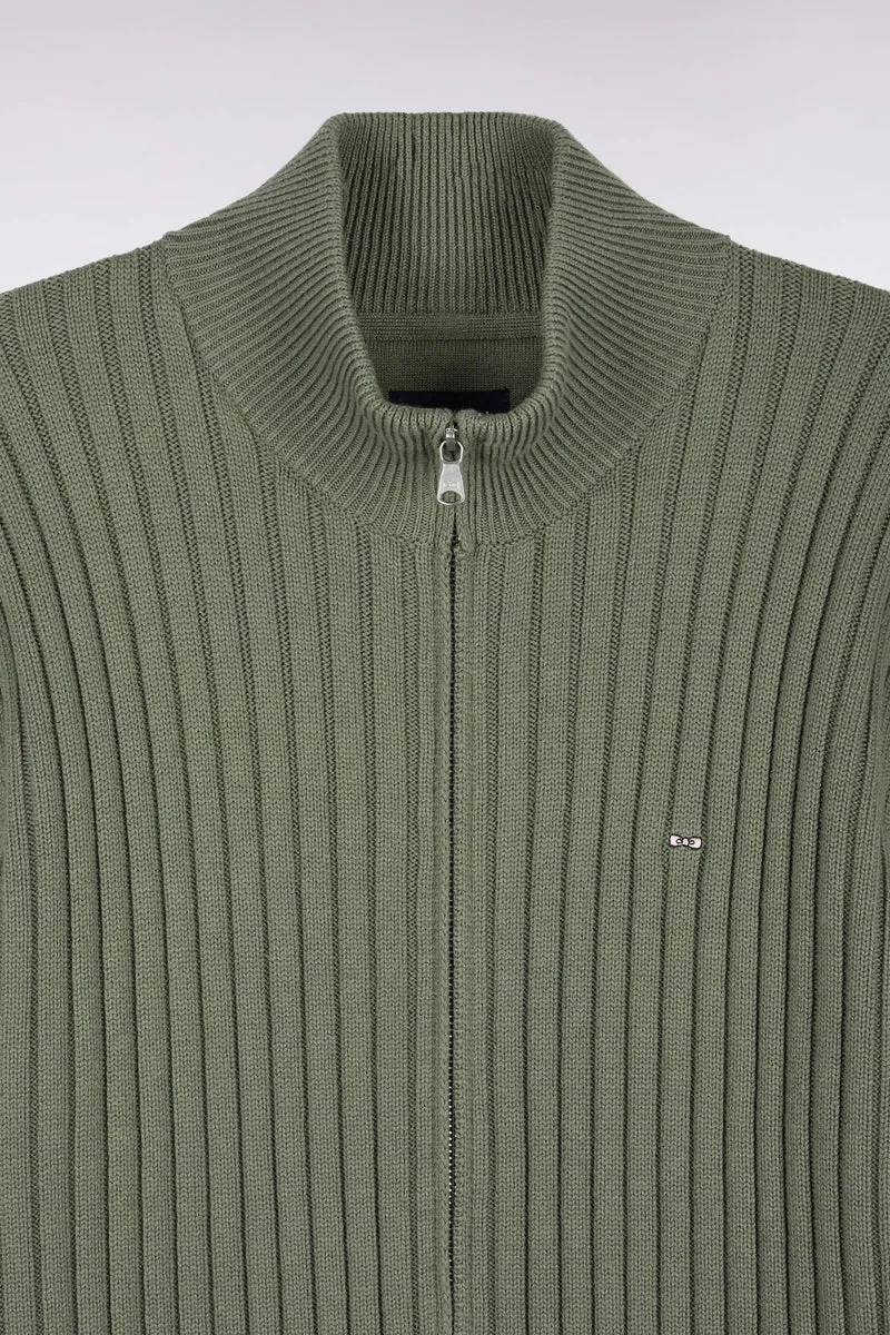 Cardigan zippé à col camionneur en laine et coton kaki côtelé coupe droite