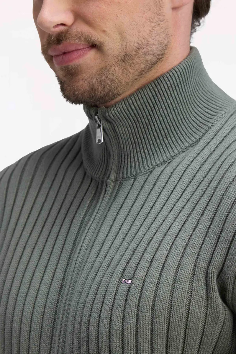 Cardigan zippé à col camionneur en laine et coton kaki côtelé coupe droite