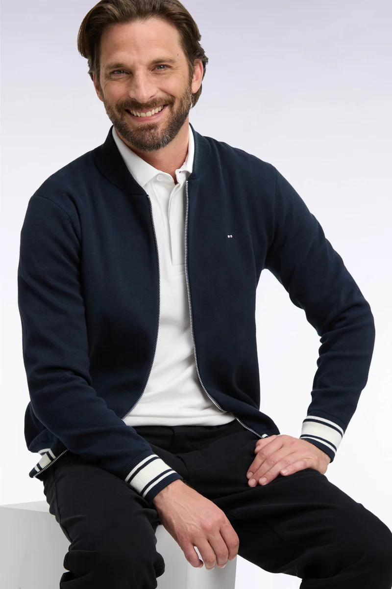 Cardigan teddy zippé en coton milano marine coupe droite